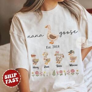 Mama Goose Custom With Kids Names, Personalized Mama Est Shirt